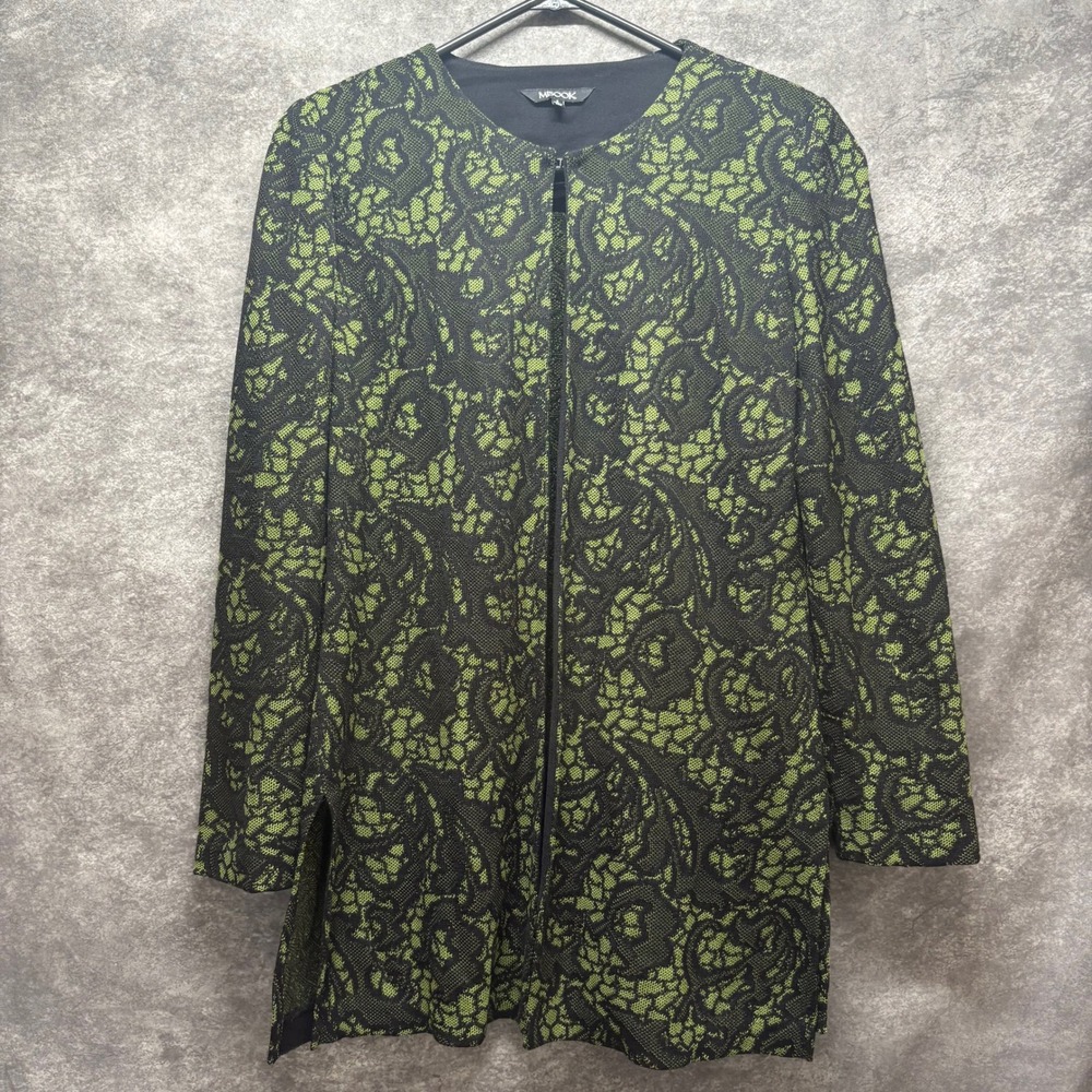 Misook Full Zip Cardigan Jacket Woemens S Green Black Lace Print Acrylic Knit